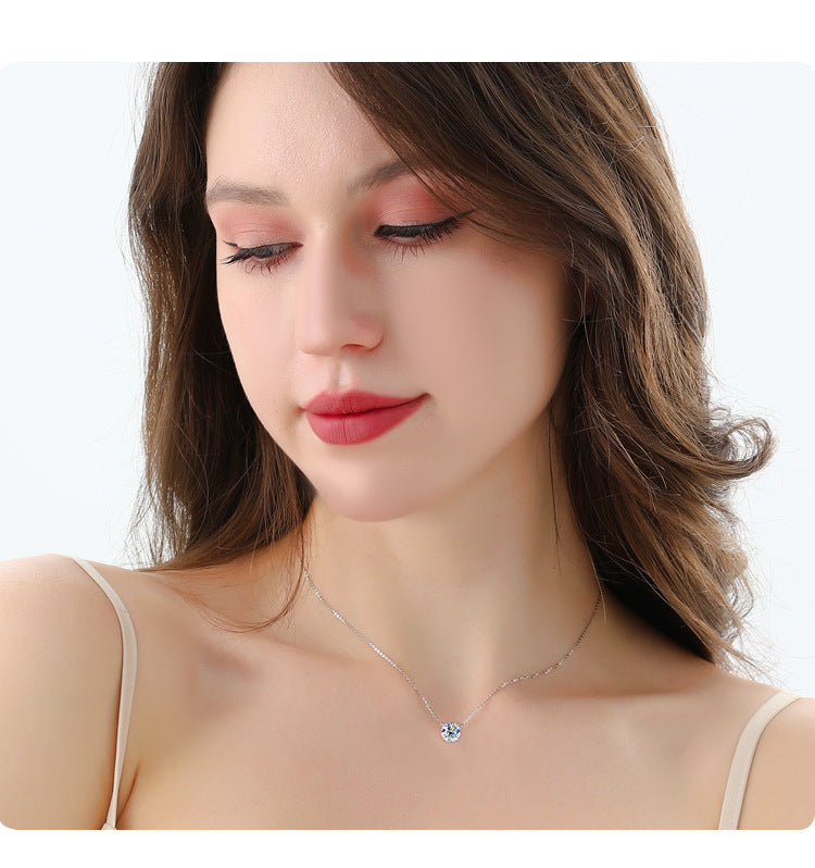 S925Sterling Silver Moissanite Classic Four-Prong Necklace for Women Plated PT 950Moissanite Light Luxury Collarbone Chain Live Streaming Hot Item