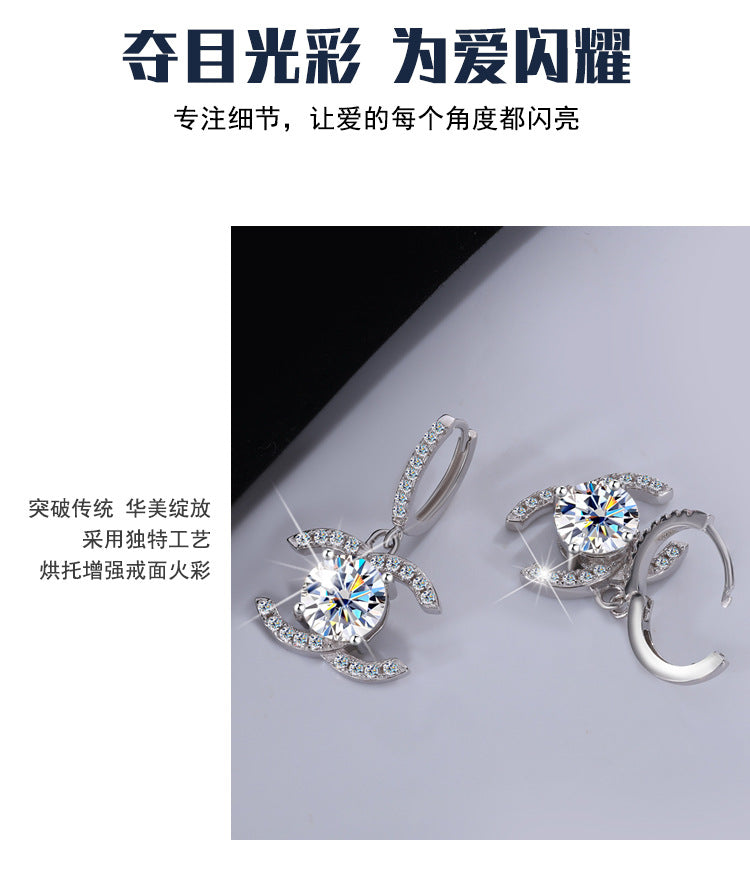 Europe and America925Sterling Silver Double C Chanel Style Moissanite Earrings for Women, Korean and Japanese High-End Moissanite Earrings, Factory Wholesale