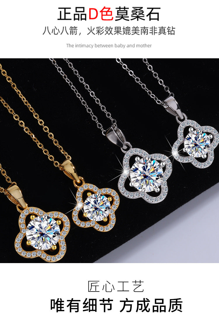 S925Pure Silver Moissanite Flower Necklace Four-Leaf Clover Pendant Light Luxury High-End Moissanite Collarbone Chain Factory Wholesale