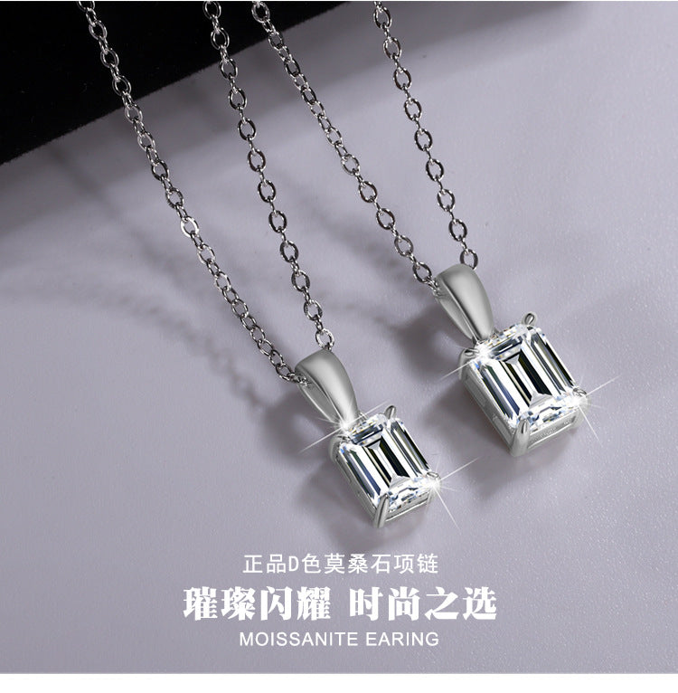 Cross-border new arrival S925Pure Silver Moissanite Diamond Light Luxury High-End Feel Emerald Cut Rectangular Pendant Collarbone Chain Wholesale