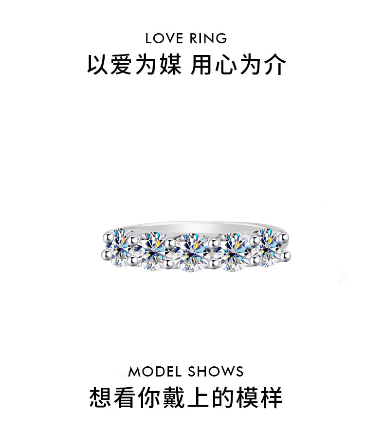 Cross-border foreign trade S925Silver Moissanite Five-Star Princess Row Ring Simple Fashion Moissanite Diamond Ring for Women Factory Wholesale