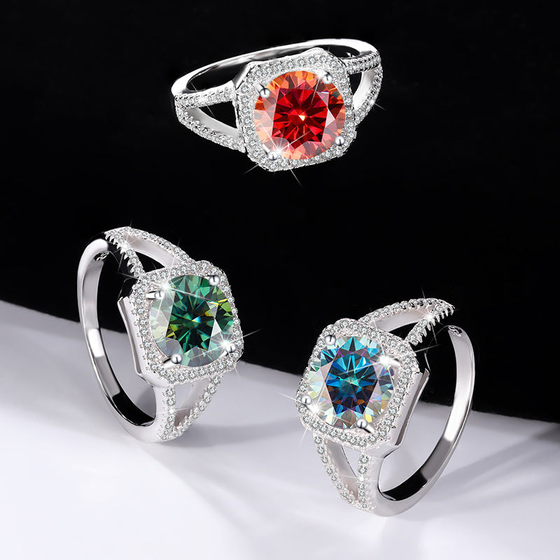 Exclusive for cross-border S925Silver Luxury Square Bag Colorful Moissanite Ring for Women Pure Silver White Gold Diamond Simulated Diamond Wholesale