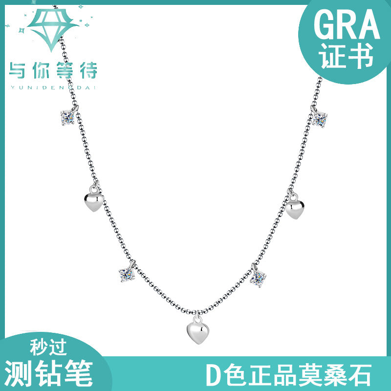 S925Pure Silver Heart Tassel Dynamic Moissanite Necklace Light Luxury High-End Fairy Style Collarbone Chain Factory Wholesale