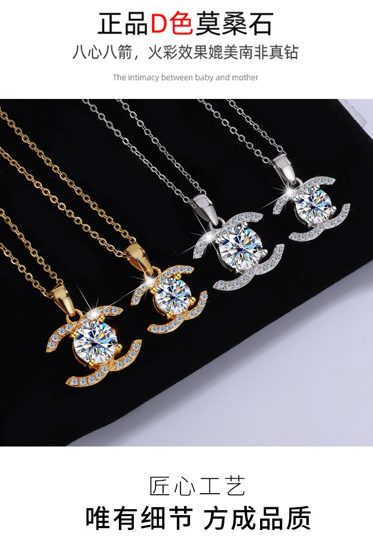 Europe and america cross border S925Pure Silver Moissanite Double C Pendant Chanel Style Elegant Versatile Full Diamond Necklace Factory Wholesale