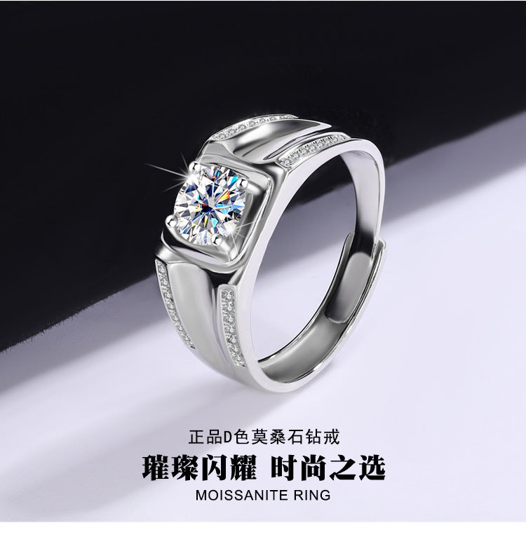 Source Manufacturer S925Pure Silver Moissanite Men's Ring1Carat Double Row Micro Inlaid Large Men's Ring Luxury European and American Fashion