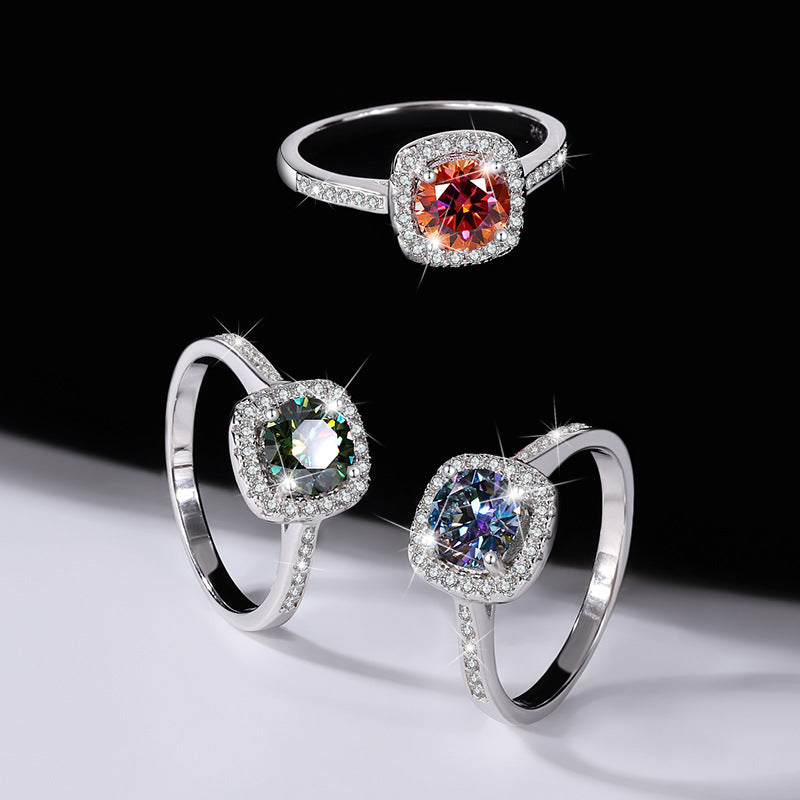 S925Sterling Silver Colorful Moissanite Ring for Women Princess Cut Baguette Sterling Silver Diamond Imitation Proposal Engagement Wedding Diamond Ring