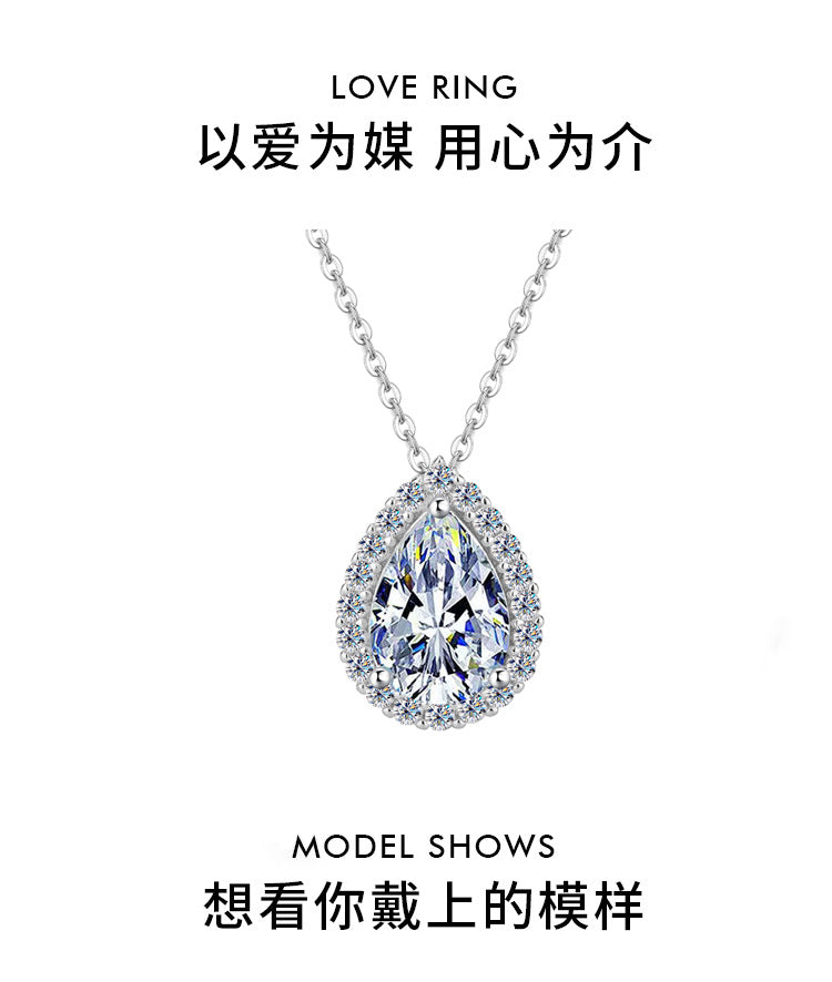 Cross-border hot selling S925Sterling Silver Water Drop Pendant Moissanite Pear Necklace for Women Simple Collarbone Chain Factory Wholesale