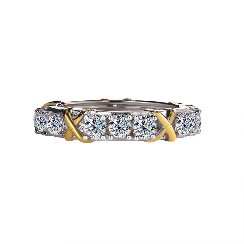 Cross-Border S925Sterling Silver Classic Cross Two-tone Row Ring Moissanite Diamond Ring Moissanite Diamond Ring Female Factory Wholesale
