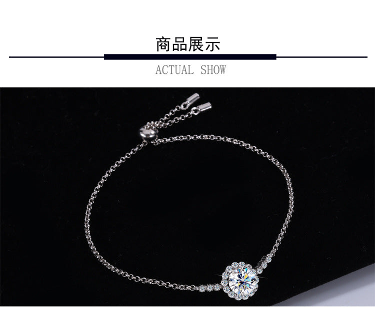 S925Sterling Silver Moissanite Round Bracelet Fashion Simple Small Daisy Bangle for Women Adjustable Size Factory Wholesale