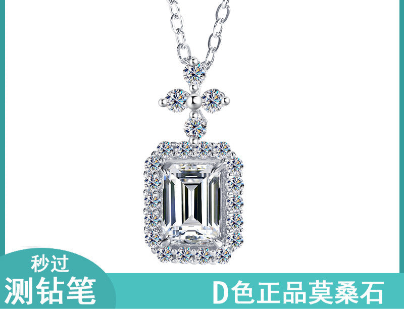A2   Cross-Border Europe and America S925Silver Pendant Emerald Cut Moissanite Necklace for Women Fashionable Light Luxury Rectangular Pendant Clavicle Chain