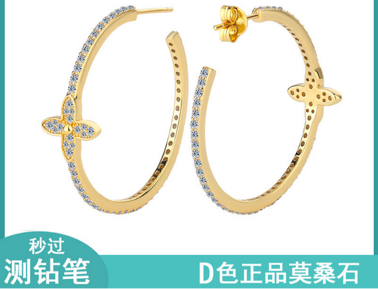 A3  S925Sterling Silver Moissanite Flower Large Hoop Earrings Elegant French Style Ear Jewelry Manufacturer Wholesale