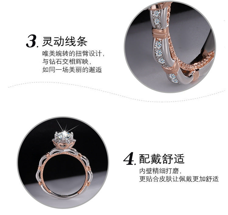 Europe and america cross border S925Sterling Silver Moissanite Princess Rose Handheld Flower Diamond Ring Six-Prong Luxury Cluster Setting Color-Blocked Women's Ring