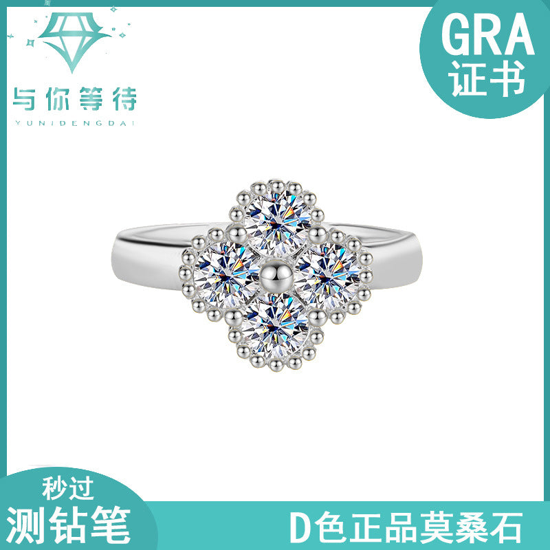 Cross-border hot selling S925Sterling Silver Four-Leaf Clover Moissanite Ring Full Diamond Moissanite Simple Women's Ring Factory Direct Sale