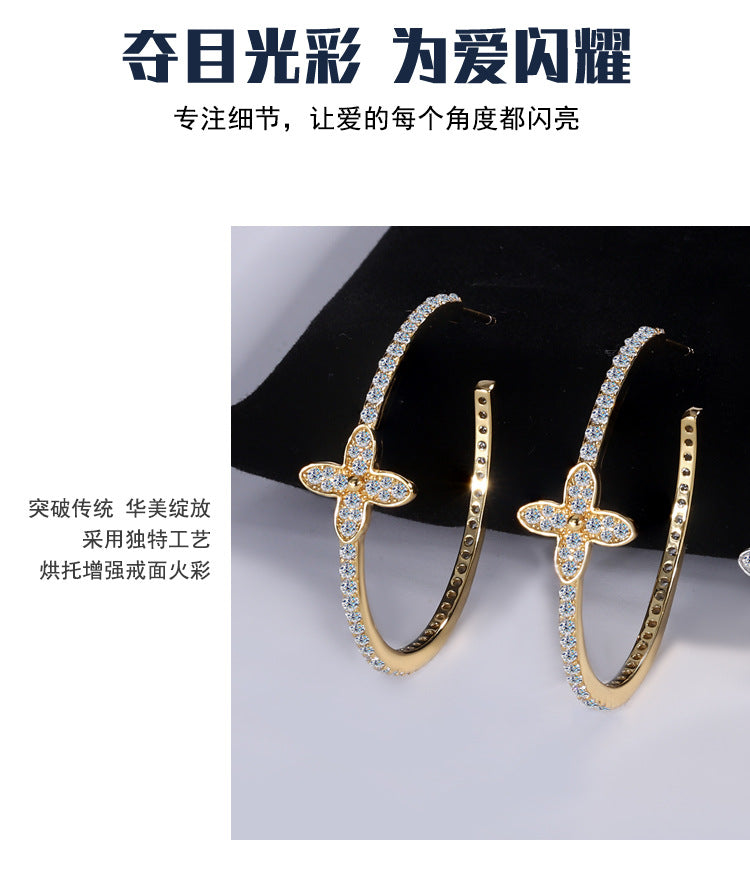 A3  S925Sterling Silver Moissanite Flower Large Hoop Earrings Elegant French Style Ear Jewelry Manufacturer Wholesale