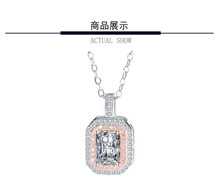 Cross-Border S925Sterling Silver Necklace Color-Blocked Square Bag Sugar Cube Radiant Moissanite Diamond Pendant Collarbone Chain Live Wholesale
