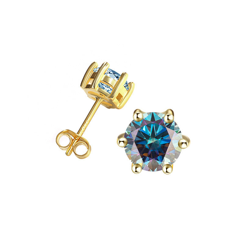 Cross-Border925Sterling Silver Gold Plated Moissanite Six-Prong Earrings1Clamosanite Gift Earrings Factory Wholesale