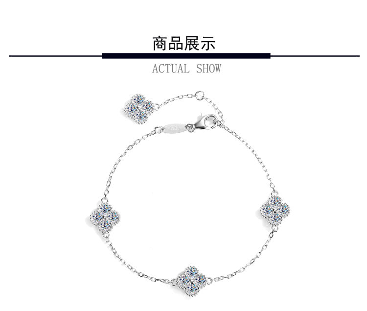 S925Silver Moissanite Four-Leaf Clover Bracelet Moissanite Simple Women's Bracelet TikTok Kuaishou Live Streaming Factory Direct Sale