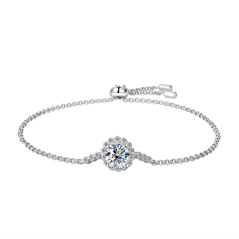 S925Sterling Silver Moissanite Round Bracelet Fashion Simple Small Daisy Bangle for Women Adjustable Size Factory Wholesale