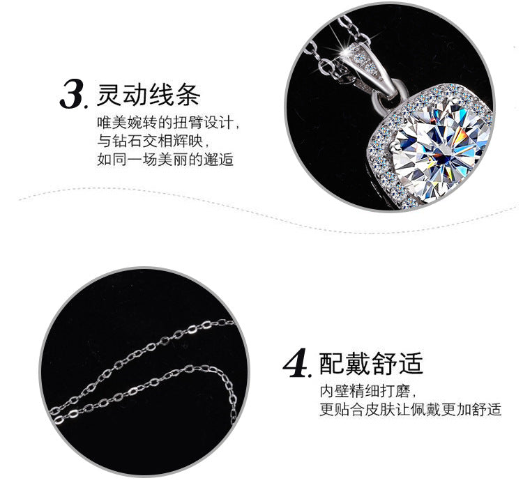 Cross-border hot selling S925Pure Silver Moissanite Square Pendant Necklace Light Luxury High-end Clavicle Chain Moissanite Pendant Wholesale