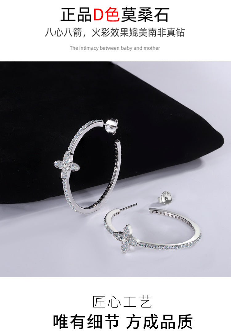S925Pure Silver Moissanite European and American Style Flower Large Hoop Earrings Elegant Hoop High-end French Earrings Manufacturer Wholesale