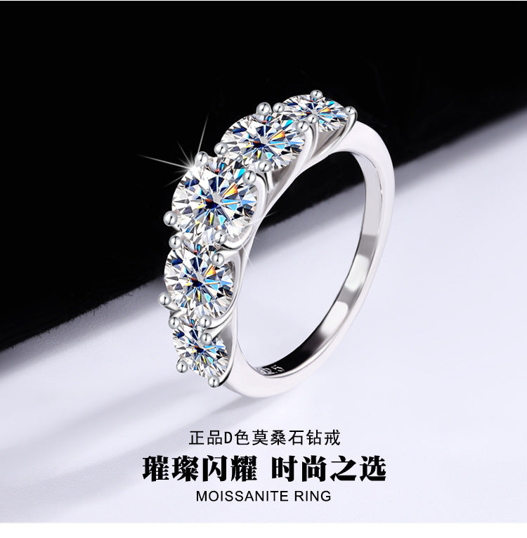 S925Silver D Genuine Moissanite Five-Star Radiance Ring for Women, Simulated Diamond Ring, Platinum-Plated Diamond Ring Wholesale