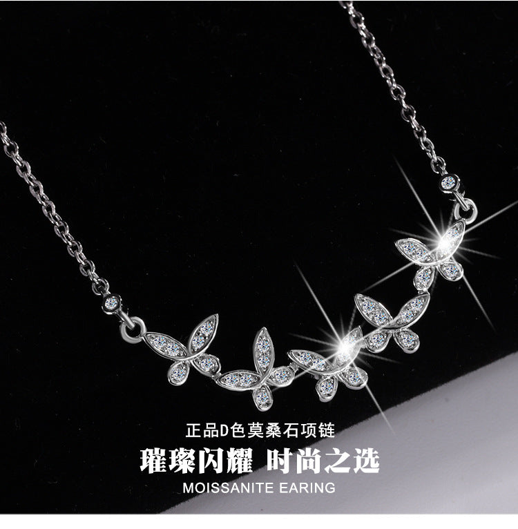 Cross-border hot selling S925Sterling Silver Butterfly Clover Full Diamond Moissanite Necklace for Women Collarbone Chain Clover Sweater Chain