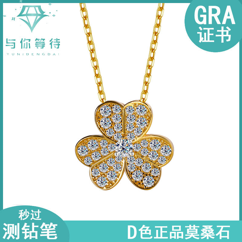 Cross-Border S925Sterling Silver Three-Petal Flower Necklace for Women, Moissanite Full Diamond Clover Floral Necklace, Qixi Valentine's Day Gift Direct Sale