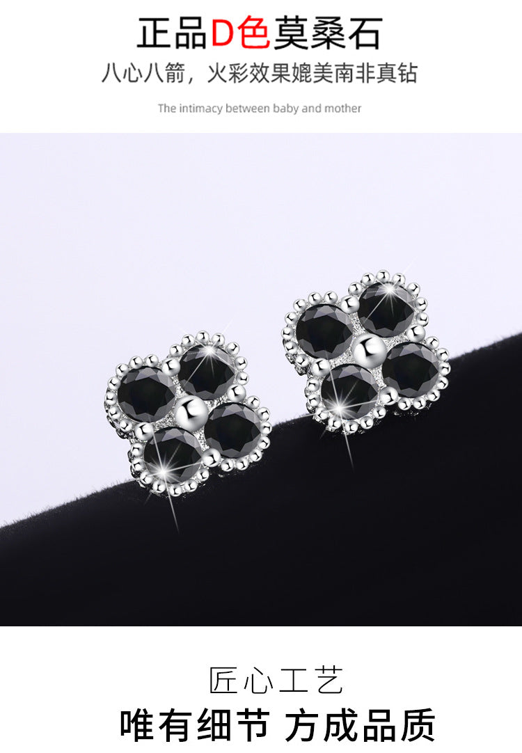 Cross-border hot S925Sterling Silver Black Moissanite Four-Leaf Clover Earrings Light Luxury High-End Jewelry Flower Full Diamond Wholesale