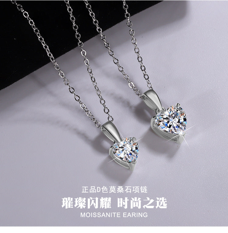 Cross-border hot selling S925Sterling Silver Moissanite Pendant Heart Necklace for Women European and American Simple Collarbone Chain Factory Wholesale