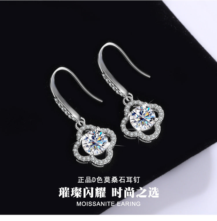 Cross-Border S925Sterling Silver Moissanite Four-Leaf Clover Ear Hooks Xiaohongshu Earrings Cluster Full Diamond Elegant Simple Women's Ear Jewelry