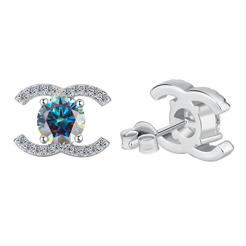 Best seller in europe and america925Sterling Silver Double C Moissanite Earrings for Women Moissanite Diamond Earrings Chanel Style High-end Feel Factory Wholesale