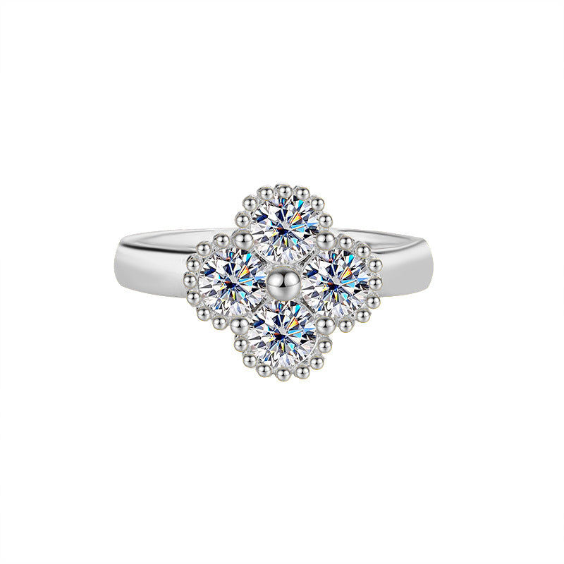 Cross-border hot selling S925Sterling Silver Four-Leaf Clover Moissanite Ring Full Diamond Moissanite Simple Women's Ring Factory Direct Sale