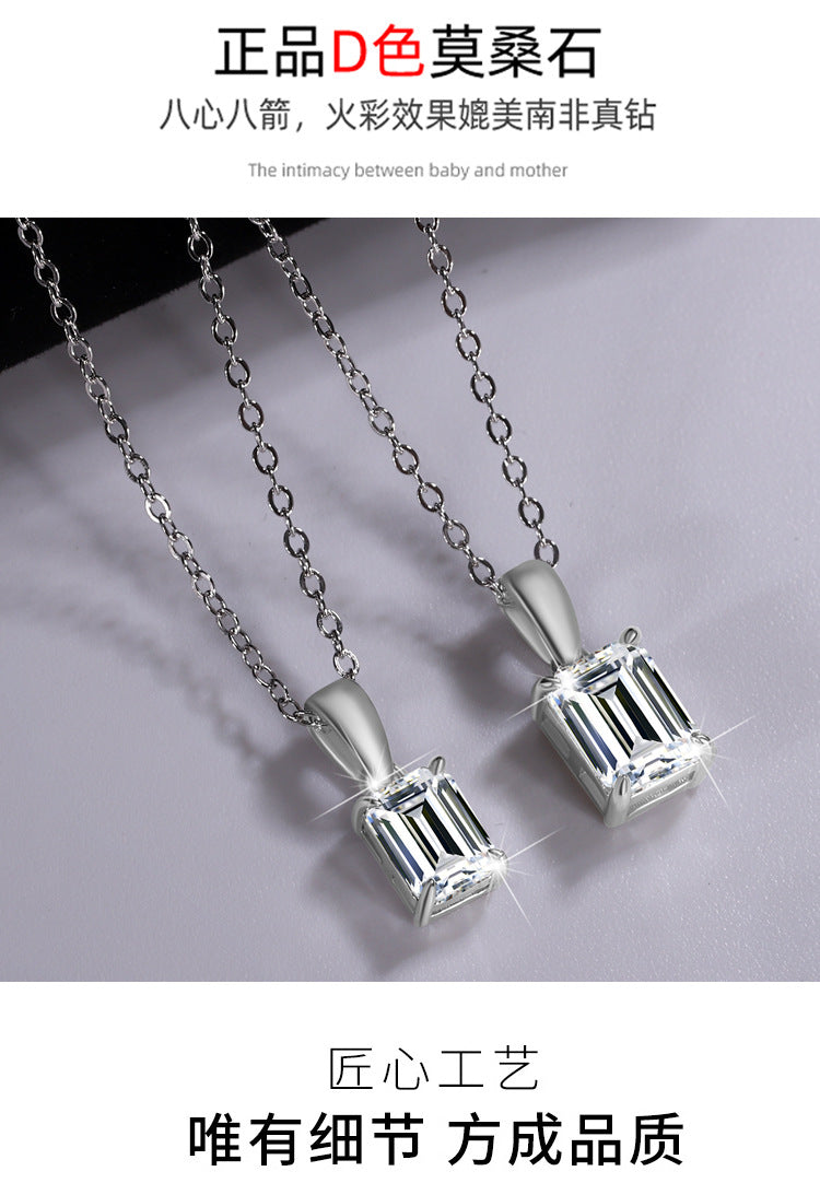 Cross-border new arrival S925Pure Silver Moissanite Diamond Light Luxury High-End Feel Emerald Cut Rectangular Pendant Collarbone Chain Wholesale