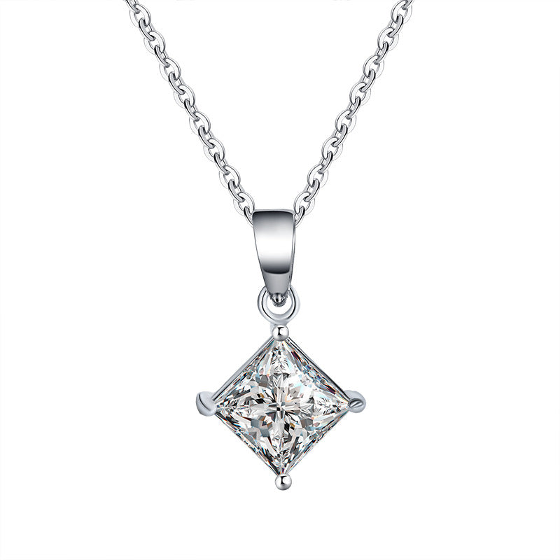 Cross-border hot selling S925Sterling Silver Princess Cut Moissanite Pendant Necklace for Women Collarbone Chain Pendant Valentine's Day Gift