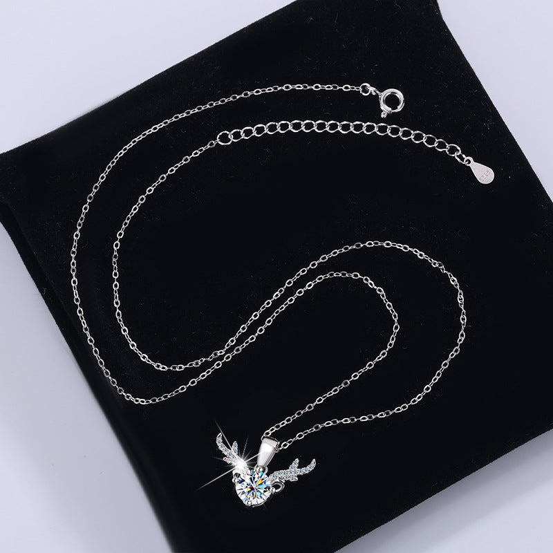 Cross-border Factory Wholesale S925Sterling Silver Moissanite Necklace with Deer Antler Pendant Fashionable High-end Versatile