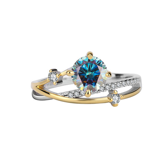 New One Carat Four-Prong Inlaid Sterling Silver Gold Color-Blocked Moissanite Simulated Diamond Women's Ring Direct Sale