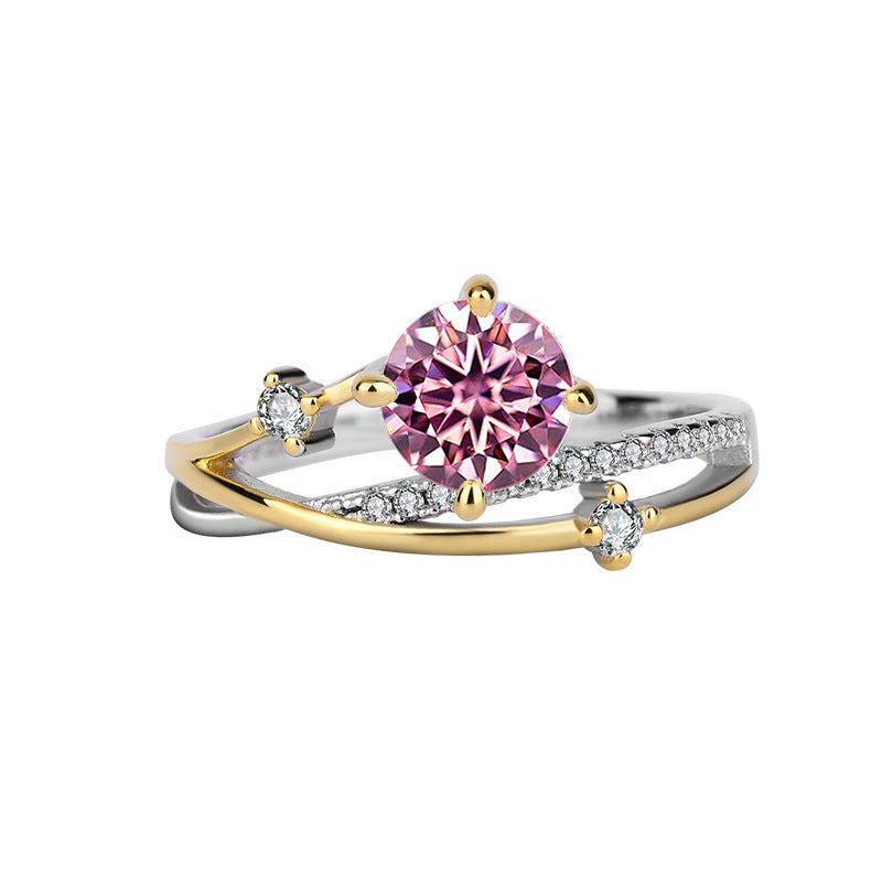 New One Carat Four-Prong Inlaid Sterling Silver Gold Color-Blocked Moissanite Simulated Diamond Women's Ring Direct Sale