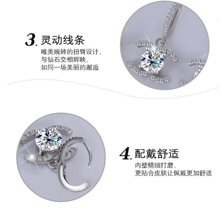 Europe and America925Sterling Silver Double C Chanel Style Moissanite Earrings for Women, Korean and Japanese High-End Moissanite Earrings, Factory Wholesale