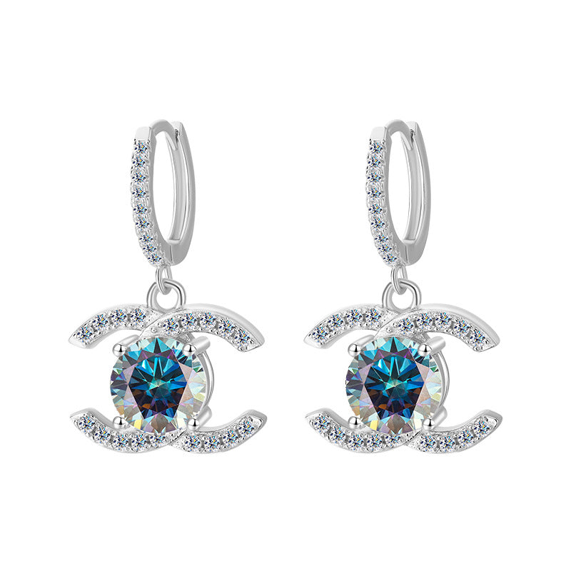 Europe and America925Sterling Silver Double C Chanel Style Moissanite Earrings for Women, Korean and Japanese High-End Moissanite Earrings, Factory Wholesale