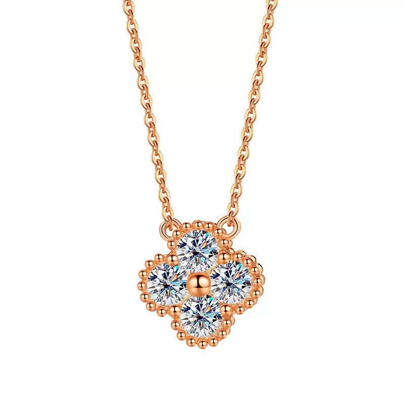 Cross-border hot selling S925Silver Moissanite Champagne Gold Four-Leaf Clover Three-Piece Set Earrings Bracelet Necklace for Women Factory Wholesale