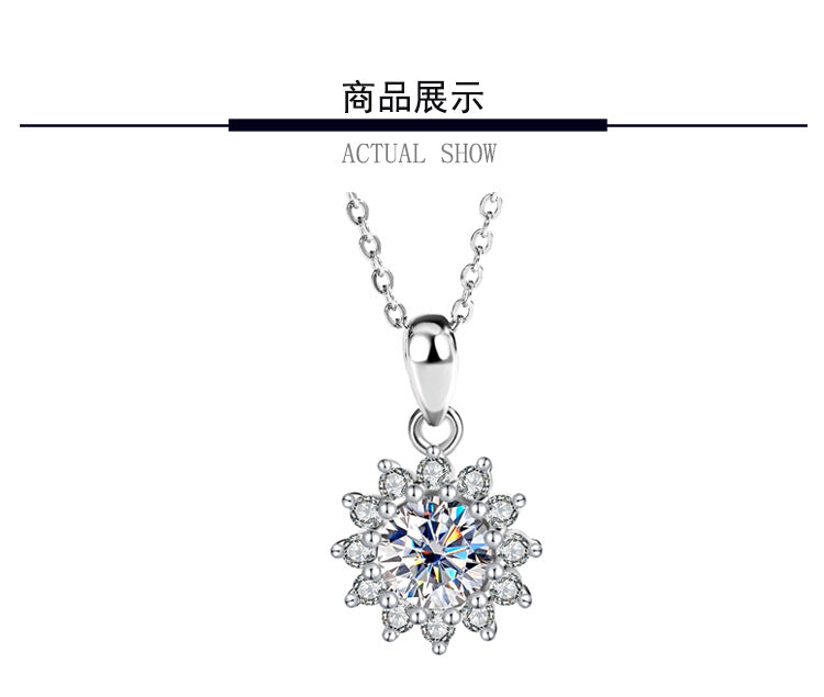 Genuine Moissanite Necklace for Women, Pure Silver Sunflower Diamond Pendant, Women's Light Luxury Versatile Collarbone Chain, Birthday Gift