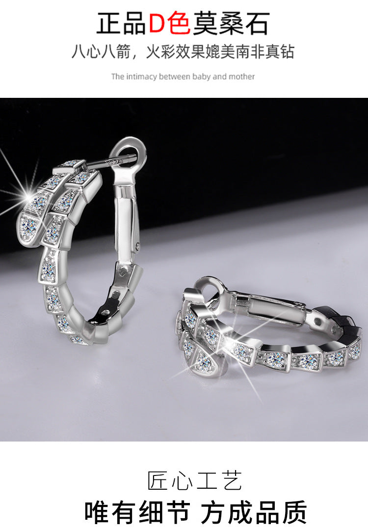 Cross-Border Europe and America S925Pure Silver Full Moissanite Full Diamond Snake-shaped Earrings Female Moissanite Stone fashion High-end Sense Factory Wholesale