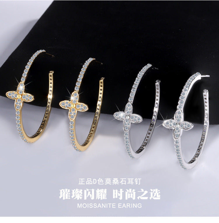 A3  S925Sterling Silver Moissanite Flower Large Hoop Earrings Elegant French Style Ear Jewelry Manufacturer Wholesale
