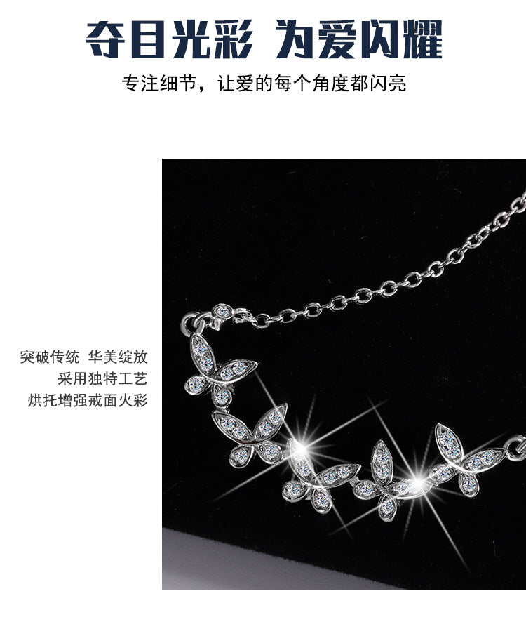 Cross-border hot selling S925Sterling Silver Butterfly Clover Full Diamond Moissanite Necklace for Women Collarbone Chain Clover Sweater Chain