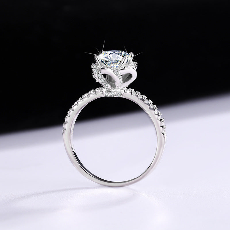Sterling Silver S925【Bloom】Rose Flower Moissanite Diamond Ring Female Hand Holding Flower Real Diamond Ring Wedding Proposal Girlfriend