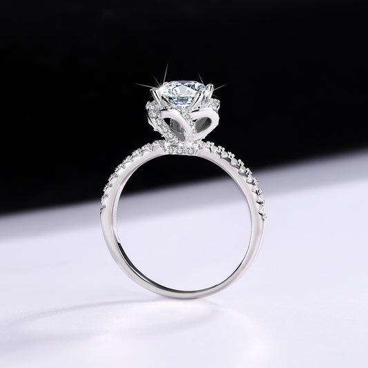 Sterling Silver S925【Bloom】Rose Flower Moissanite Diamond Ring Female Hand Holding Flower Real Diamond Ring Wedding Proposal Girlfriend