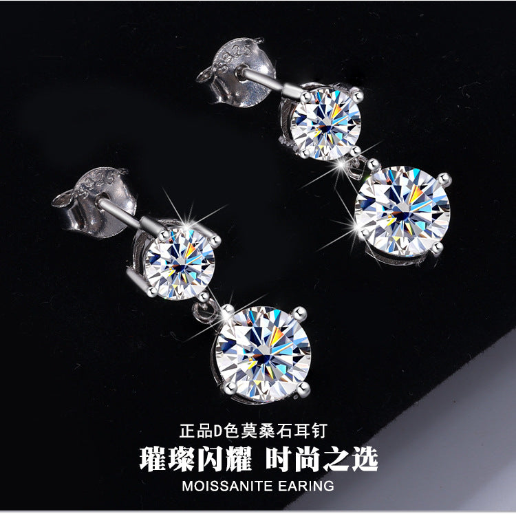 Best seller in europe and america S925Sterling Silver Moissanite Tassel Four-Prong Earrings Korean Style Full Diamond Moissanite Earrings Factory Wholesale
