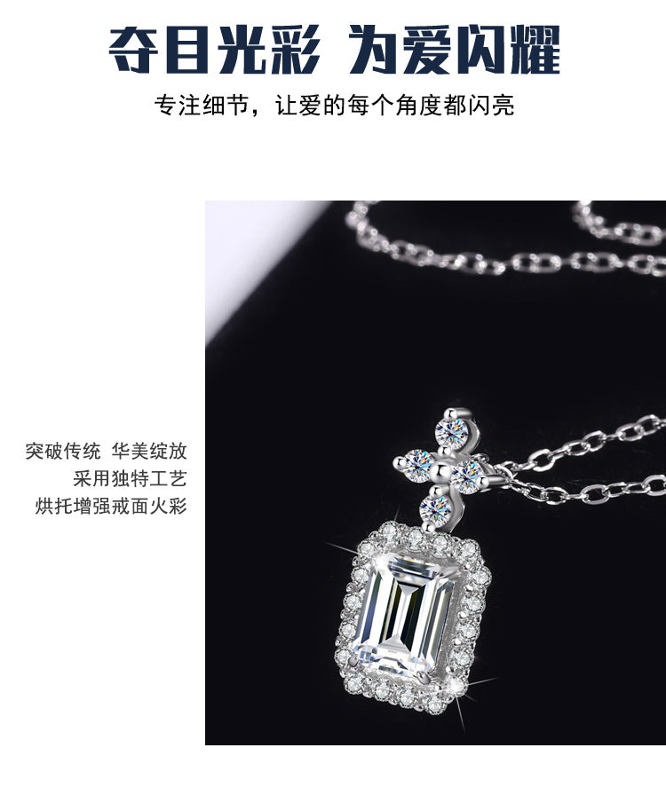 Cross-Border Europe and America S925Silver Pendant Emerald Cut Moissanite Necklace for Women Fashionable Light Luxury Rectangular Pendant Clavicle Chain