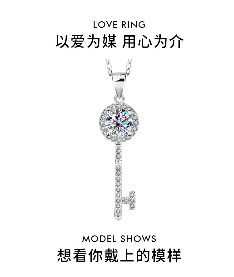 s925Sterling Silver Key Necklace Silver Pendant Moissanite Women's Classic Fashion Collarbone Chain In Stock Wholesale Jewelry