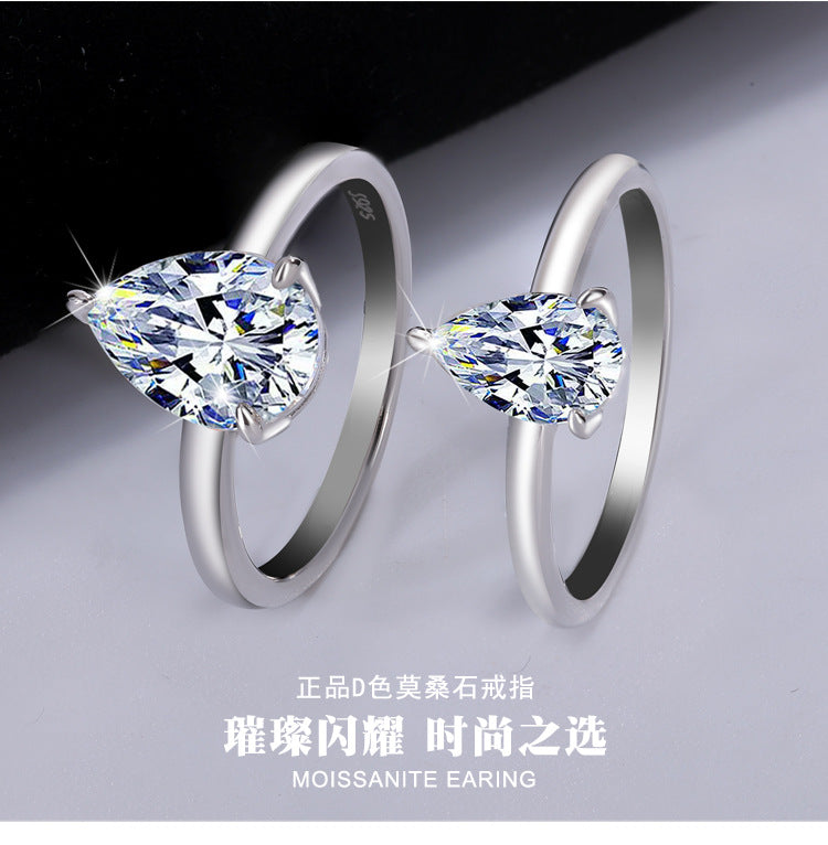 Cross-border hot selling S925Sterling Silver Water Drop Moissanite Ring Simple Classic Pear Shape Moissanite Diamond Women's Ring Factory Wholesale